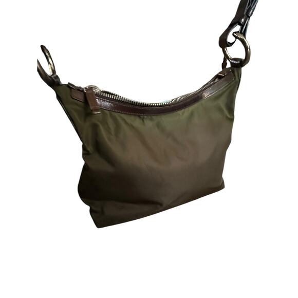 Prada Women khaki Green Brown Leather Trim silver Nylon Hobo Shoulder Bag purse - Picture 5 of 16